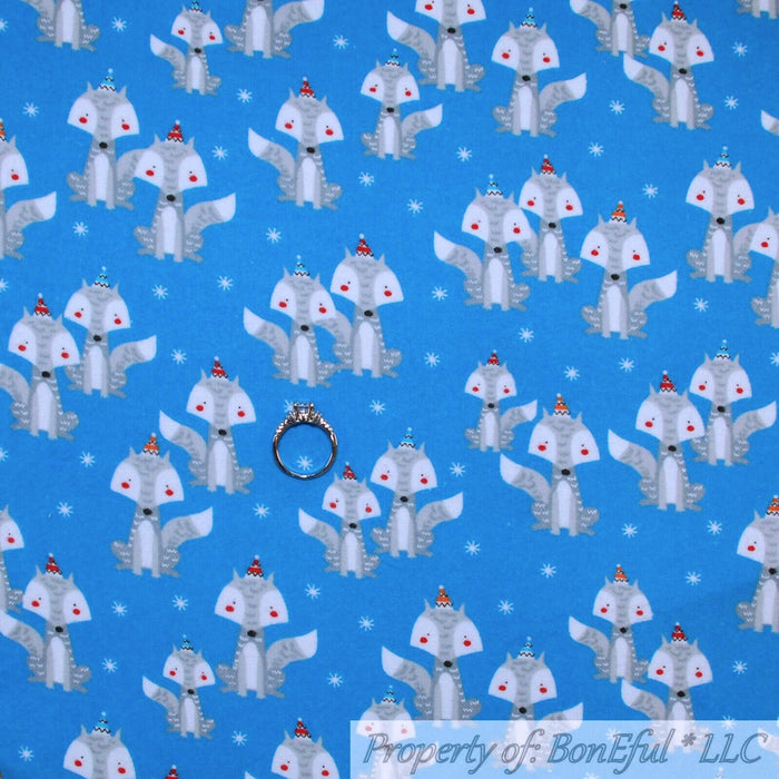 Flannel Fabric BTY Blue Baby Animal Fox Winter Snow Scenic