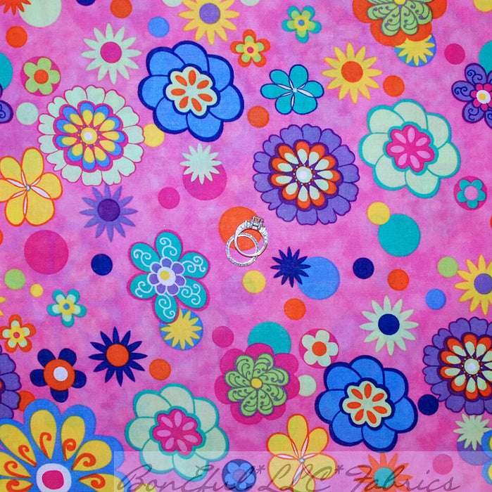 Cotton Fabric BTY Pink Flower Fun Colorful Rainbow Whimsical Girl