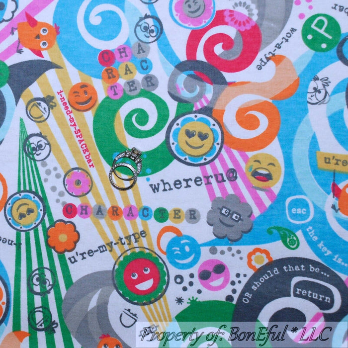 Flannel Fabric BTY White Rainbow Retro Tech Kid Emoji Fun