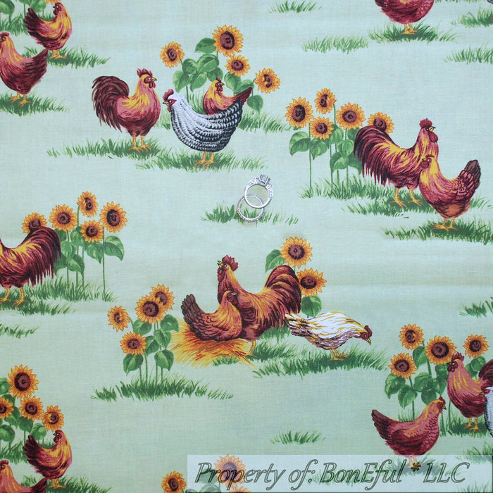 Cotton Fabric BTY Green Grass Red Rooster Yellow Sunflower Chicken Scenic