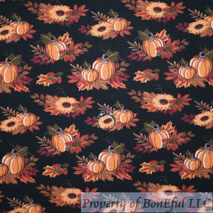 Cotton Fabric BTY Black Red Orange Yellow Sunflower Leaf Pumpkin