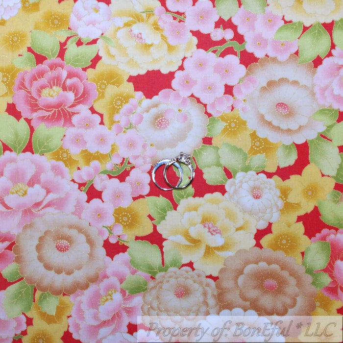 Cotton Fabric BTY Pink White Yellow Gold Metallic Green Leaf Asian Flower