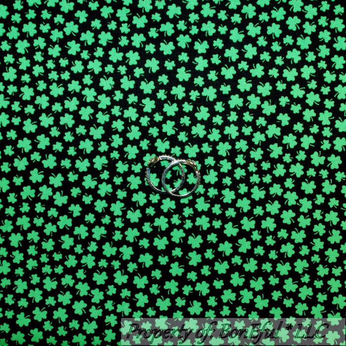 Cotton Fabric HY Black Green Irish Shamrock Clover Small Tiny Leaf