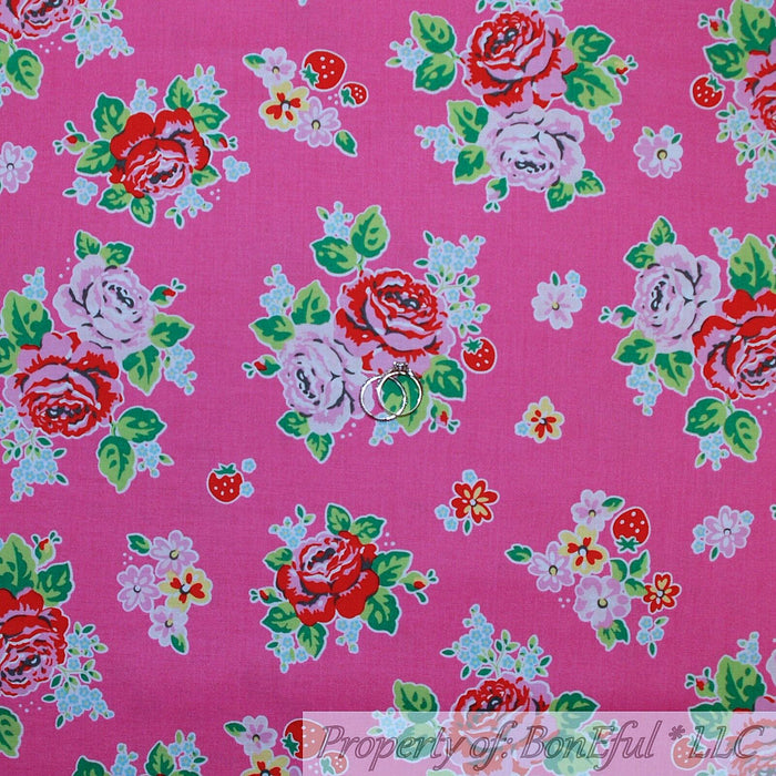 Cotton Fabric BTY Pink Flower Rose Strawberry Summer Fruit Garden