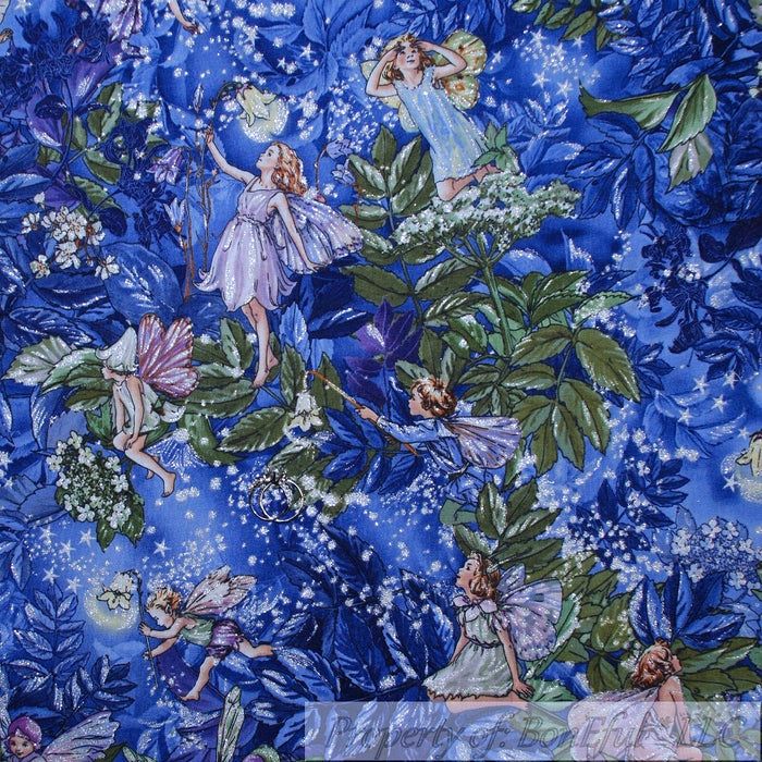 Cotton Fabric BTY Blue Purple White Flower Tooth Fairy Angel Cherub Star