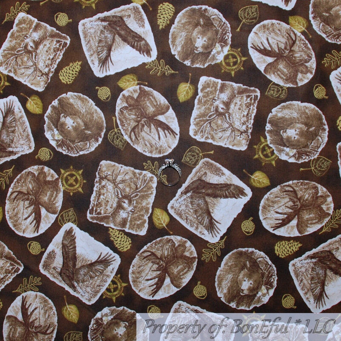 Cotton Fabric BTY Brown Gold Metallic Forest Eagle Cabin Bear Deer Moose