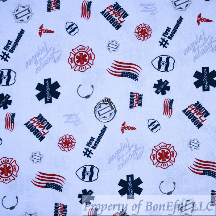 Cotton Fabric BTY White Blue Red Medical Badge Nurse Dr 1st Responder US