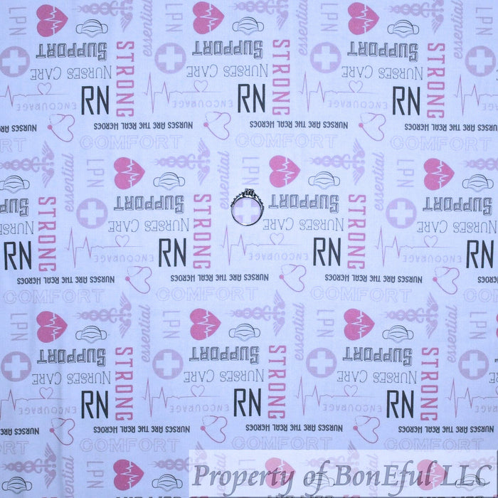 Cotton Fabric BTY White Pink Gray Medical Heart RN Nurse LPN ER 911