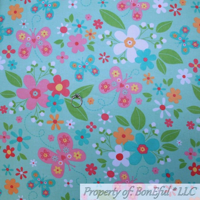 Flannel Fabric BTY Green Garden Flower Spring Butterfly
