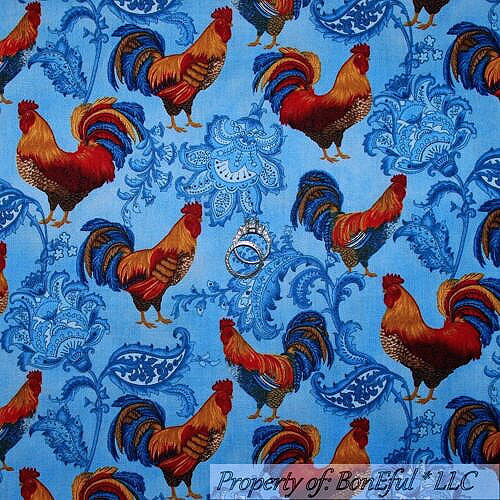 Cotton Fabric BTY Chicken Rooster Bird Farm Animal Blue Flower