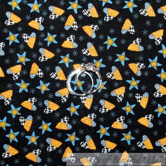Cotton Fabric BTY Black White Blue Yellow Gold Heart Star Country Quilt Print