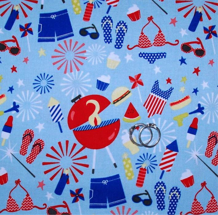 Cotton Fabric BTY Blue Red White American Girl Food Cupcake BBQ USA