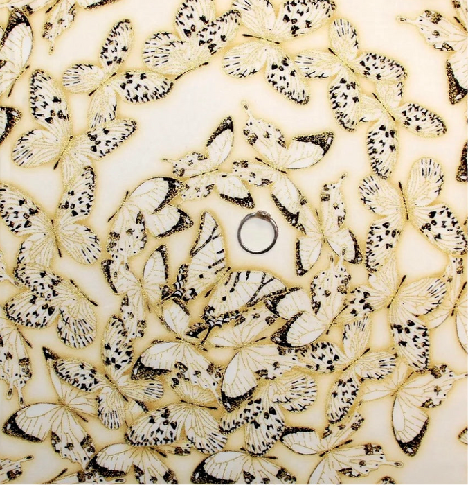 Cotton Fabric BTY Butterfly Monarch Insect Flying Cream Ivory Gold Metallic