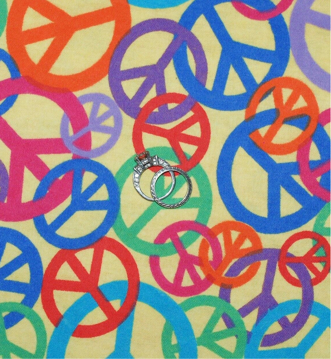 Flannel Fabric BTY Yellow Rainbow Retro Peace Signs Colorful