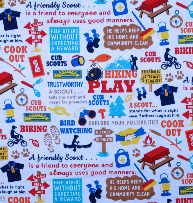 Cotton Fabric BTY White Scout Camp Cook Scenic Fish Hike Bike