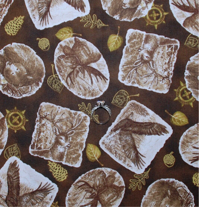 Cotton Fabric BTY Brown Gold Metallic Forest Eagle Cabin Bear Deer Moose