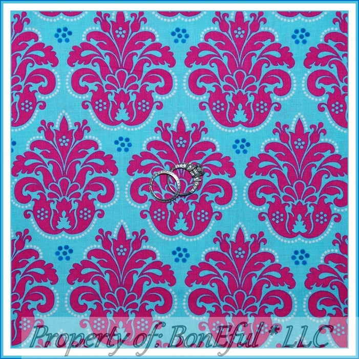 Cotton Fabric BTY Blue Teal Aqua Hot Pink Flower Damask White Dot