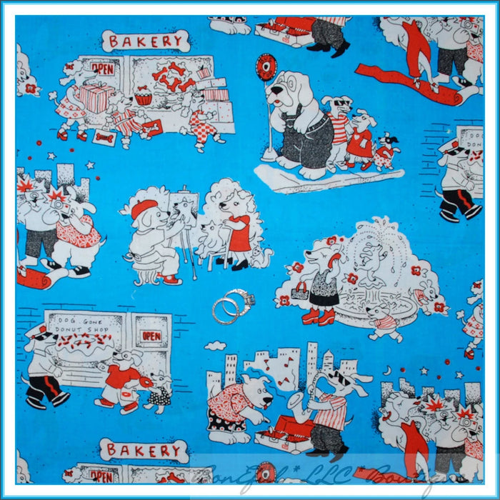 Cotton Fabric BTY Blue Red White Dog Scene Bakery City Life