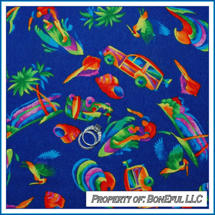 Cotton Fabric HY Blue Rainbow Tropical Island Car Surf Palm Tree