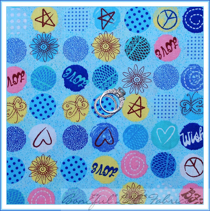 Cotton Fabric BTY Blue Circle Shape Flower Spring Summer Star Kid