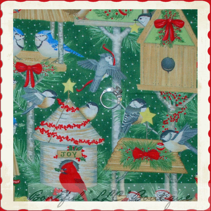 Cotton Fabric BTY Green Red Christmas Tree Bird House Snow Birds