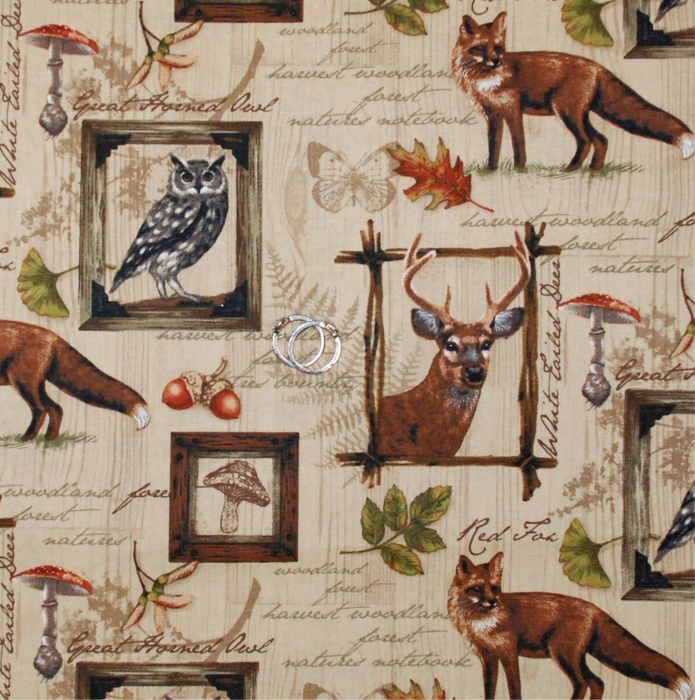 Cotton Fabric BTY Brown Deer Buck Acorn Leaf Wood Grain Cabin Owl