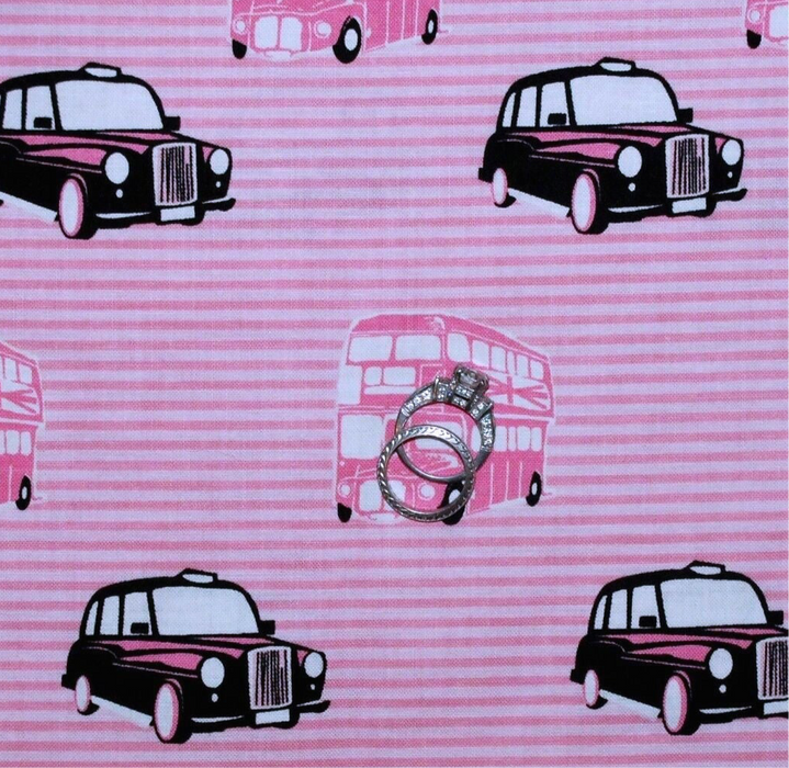 Cotton Fabric BTY Car B&W Taxy Bus Pink White Stripe