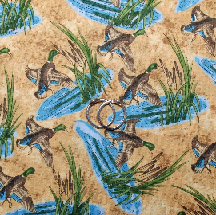Cotton Fabric BTY Brown Blue Water Wood Duck Hunt Water Cabin Scenic