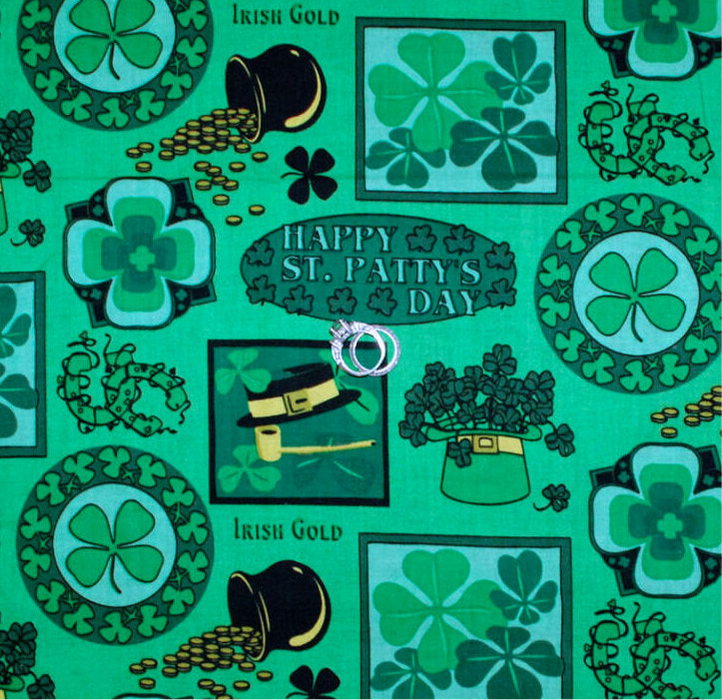 Cotton Fabric HY Green VTG Shamrock Clover Irish Gold Hat Horse Dot Kid