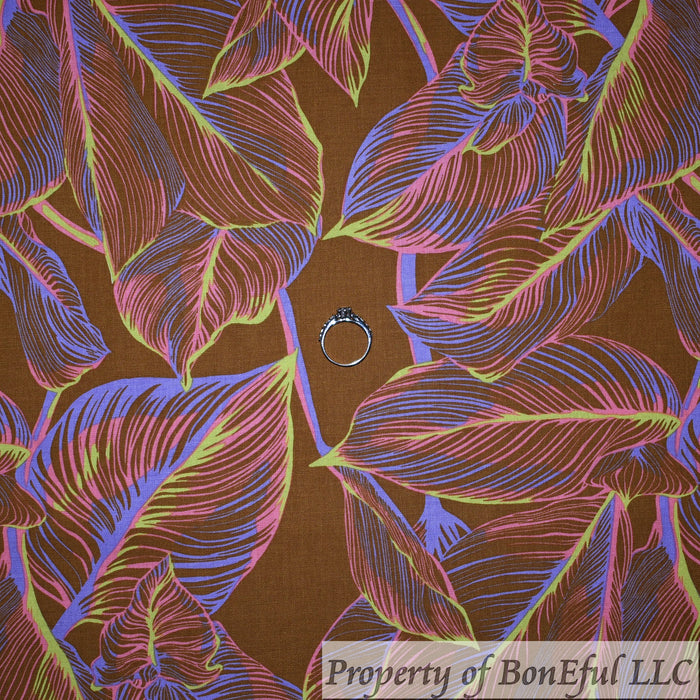 Cotton Fabric BTY Brown Neon Colors Palm Leaf Hawaiian Tropical Island