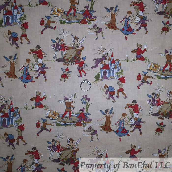 Cotton Fabric BTY Tan Brown Castle Fairy Gnome Dance Scene Toile