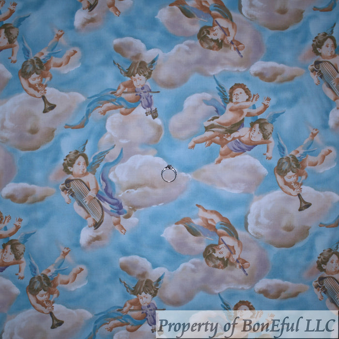 Cotton Fabric BTY Blue Cream Light Sky Cloud Angel Cherub Baby Music Scenic
