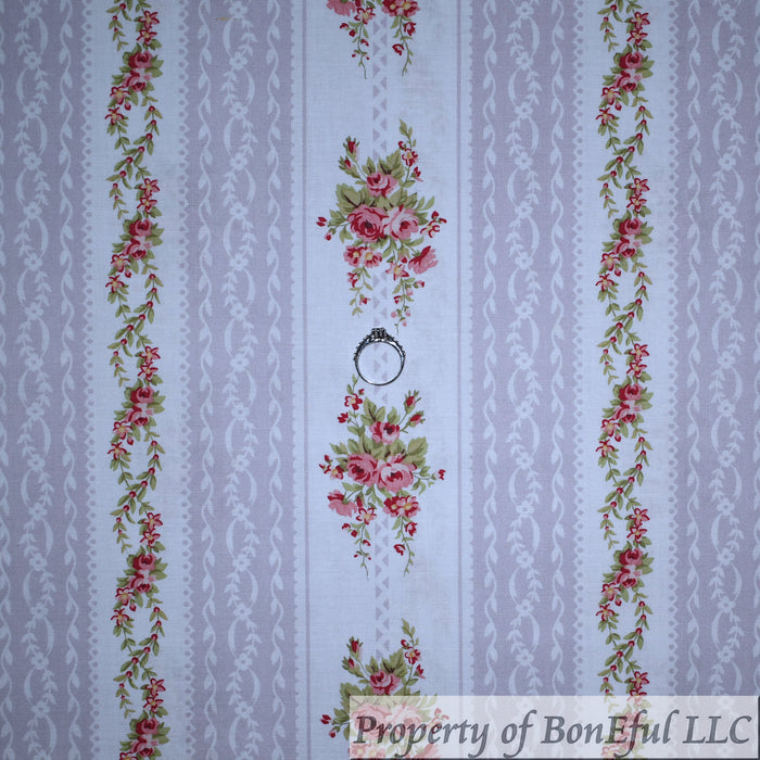 Cotton Fabric BTY Cream Light Purple Pink Rose Floral Bouquet Stripe