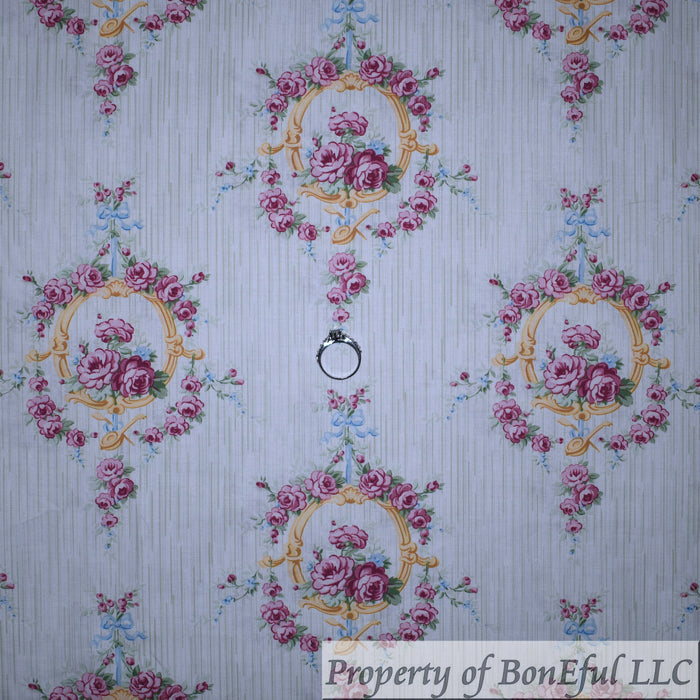 Cotton Fabric BTY Cream Light Damask Toile Pink Rose Floral Bouquet