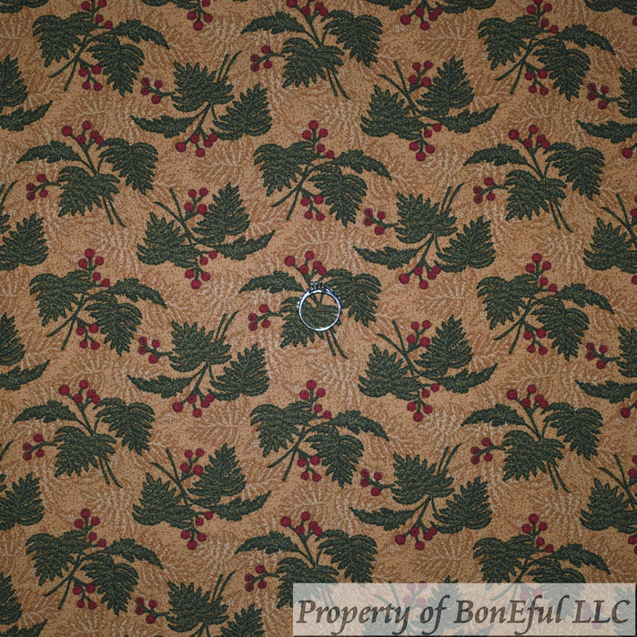 Cotton Fabric BTY Brown Tan Tea Dye Red Berry Christmas Garland Fern Floral