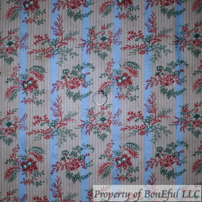 Cotton Fabric BTY Tan Neutral Blue Christmas Garland Red Flower Stripe
