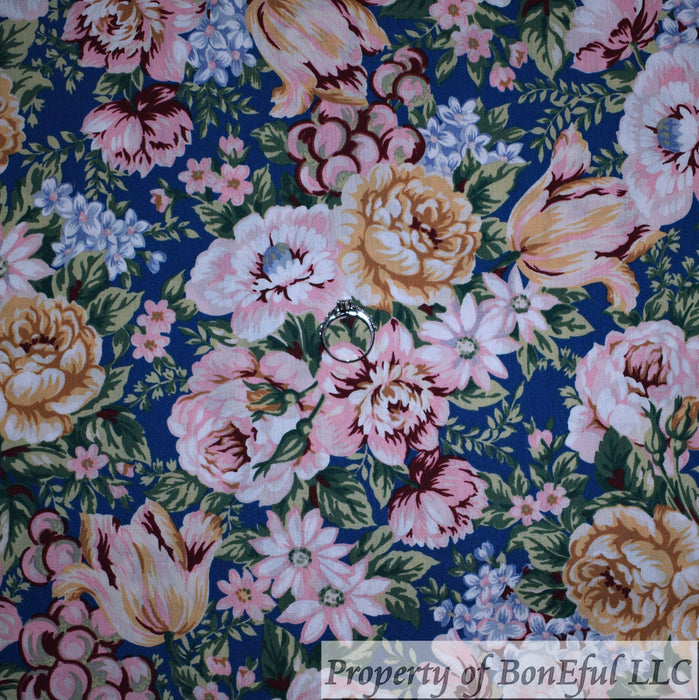 Cotton Fabric BTY Navy Blue Natural Colors Flower Garden Toile