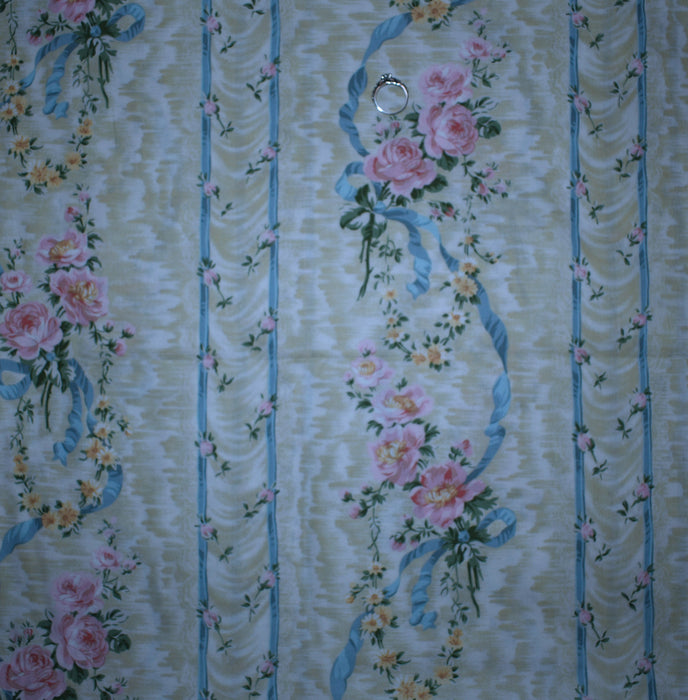 Cotton Fabric BTY Light Pink Rose Flower Blue Ribbon Stripe