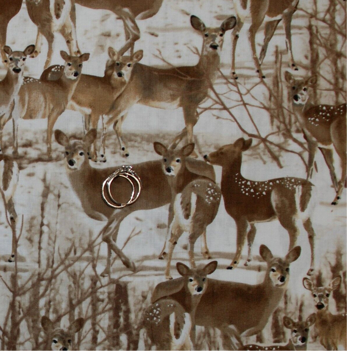 Cotton Fabric BTY White Snow Brown Deer Buck Scenic Nature Hunt VTG