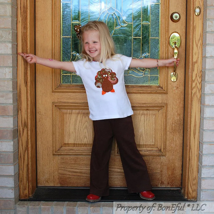 Boutique Girls Outfit Size 5/6 Thanksgiving Pants Turkey Applique Shirt Top Bow