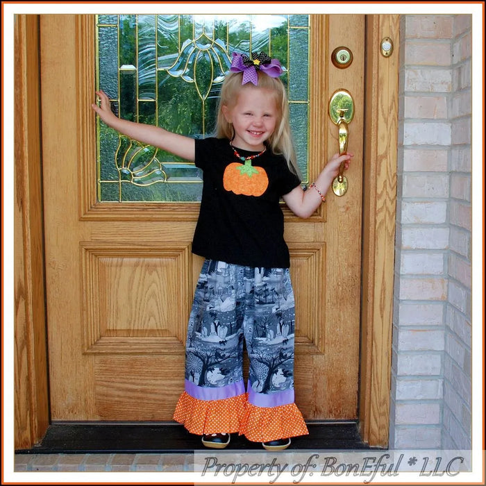 Boutique Girls Size 4/5 Halloween Outfit Ruffled Pants Applique Pumpkin Top Shirt