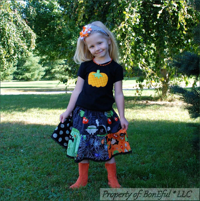 Boutique Girls Size 3T Halloween Twirl Skirt Pumpkin Applique Top T-Shirt Bow