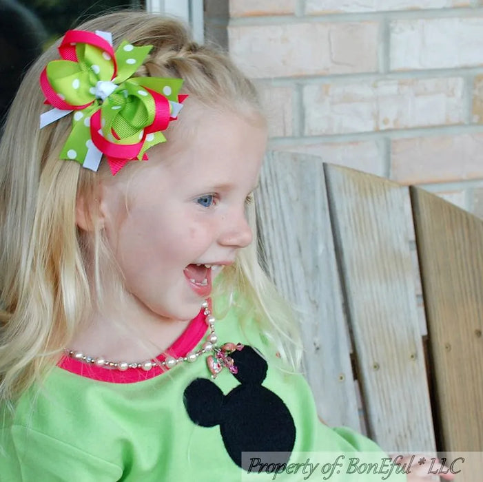 Bow 4" Girls Hair Accessory Green Pink & White Polka Dot Solid Ribbon