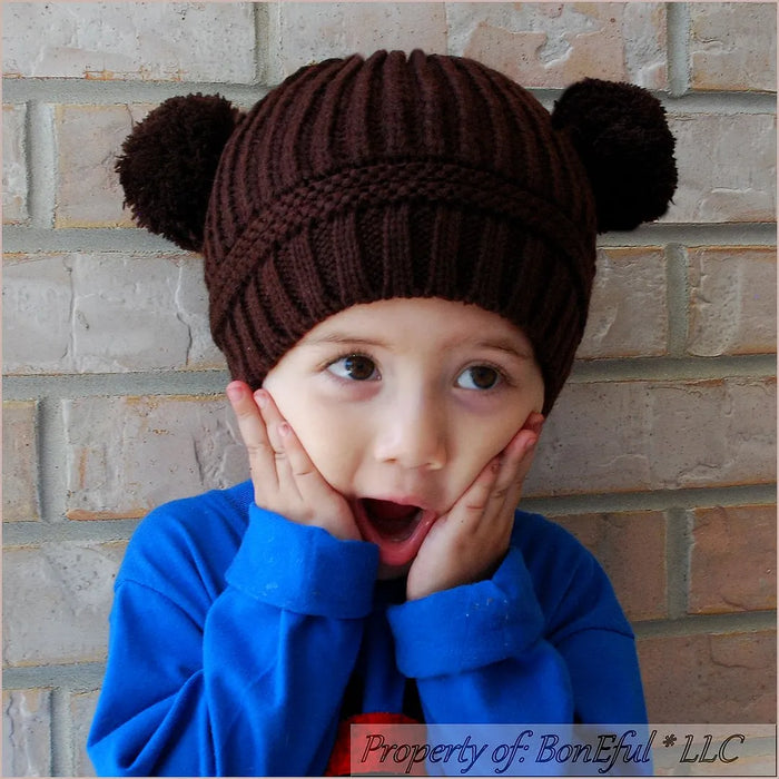 Boutique Baby Hat Unisex 9-24 Months Brown Crochet Pom Poms