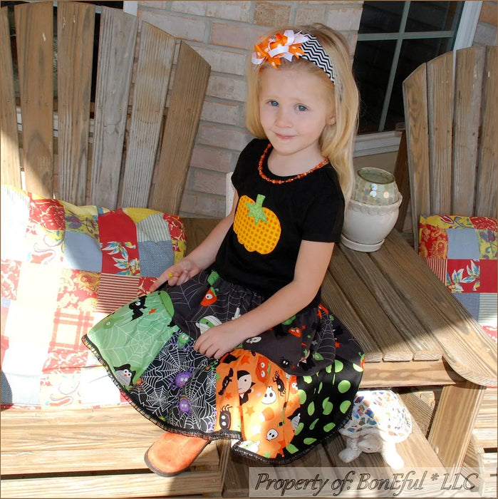 Boutique Girls Size 3T Halloween Twirl Skirt Pumpkin Applique Top T-Shirt Bow
