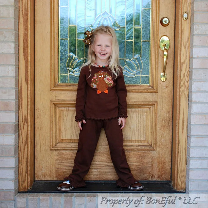 Boutique Girls Outfit Size 4 Thanksgiving Turkey Applique Brown Pants L/S Shirt Top Bow