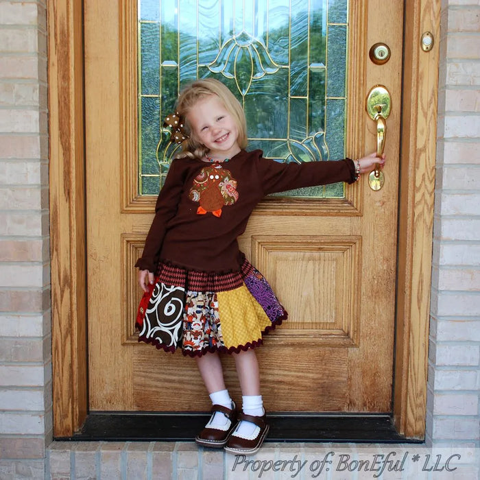 Boutique Girls Size 5/6 Thanksgiving Twirl Skirt & Turkey Applique Top