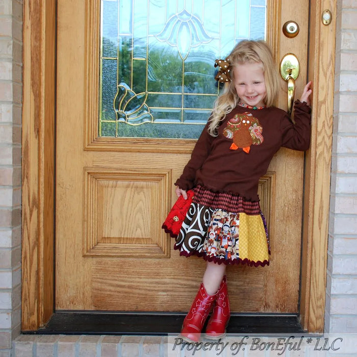 Boutique Girls Size 5/6 Thanksgiving Twirl Skirt & Turkey Applique Top