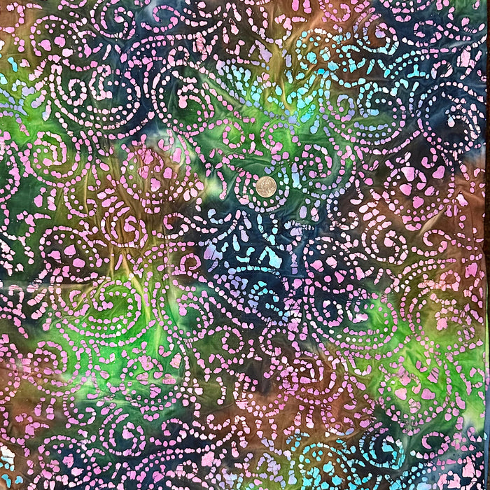 Cotton Fabric BTY Batik Rainbow Tone Tonal Natural Art Blue Green Swirl Scroll