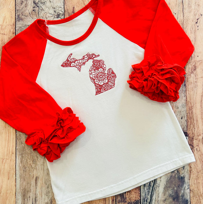 Boutique Ruffle Girl Top Size 4 Red White Michigan Embroidered Top
